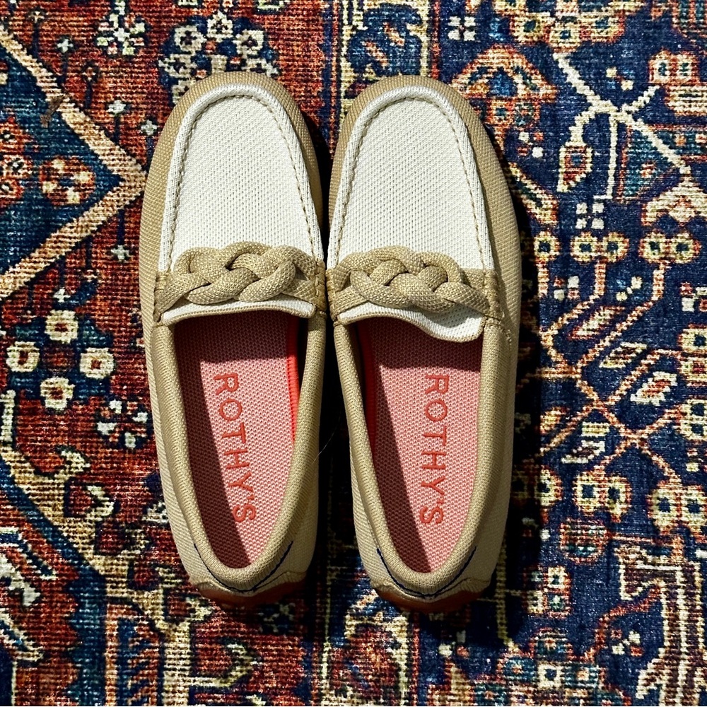 Rothy's the Braid Driver Cream Canvas Loafers with Tan Braided Trim